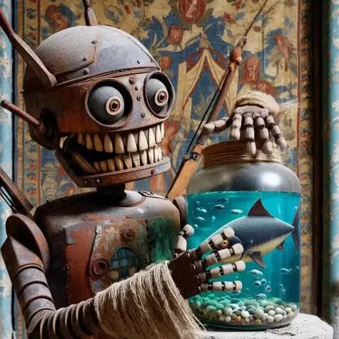 AI Video from prompt: The robot gnashes its teeth and rolls eyes and u