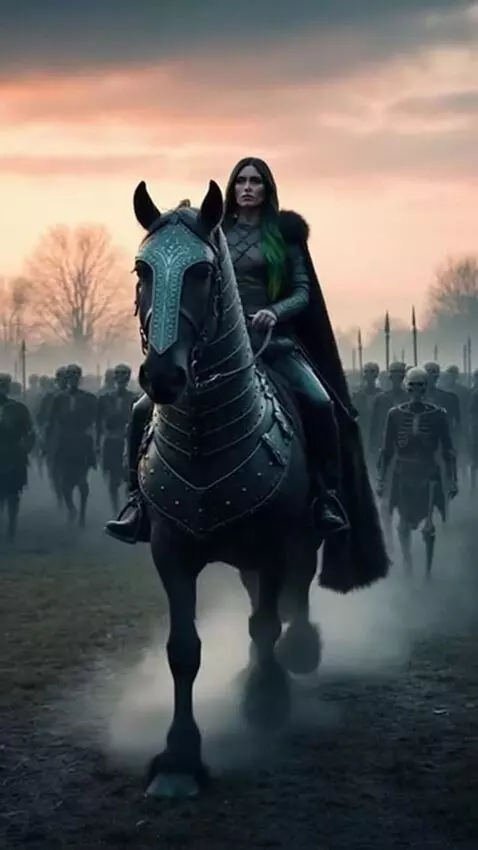 AI Video from prompt: A warrior queen with black hair and green highli