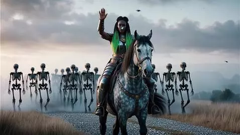 AI Video from prompt: A warrior queen with black hair and green highli