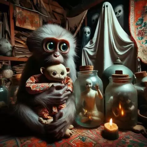 AI Video from prompt: The monkey watches as doll waves at the monkey f