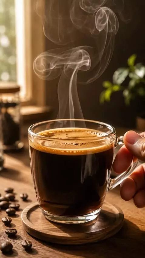 AI Video from prompt: A hand gently lifting a glass cup of hot coffee,