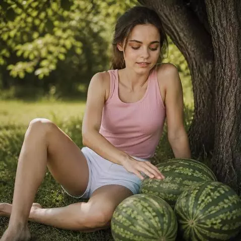 AI Video from prompt: the girl puts her hand on the watermelon. with h