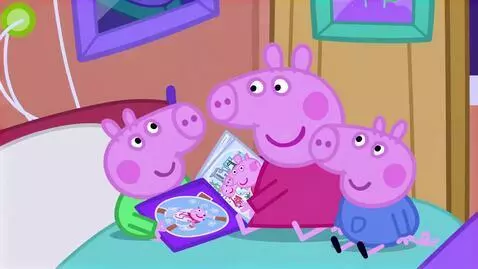 AI Video from prompt: Peppa Pig with a book, George Pig, and Baby Alex