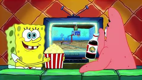 AI Video from prompt: SpongeBob with a popcorn bucket of buttered popc
