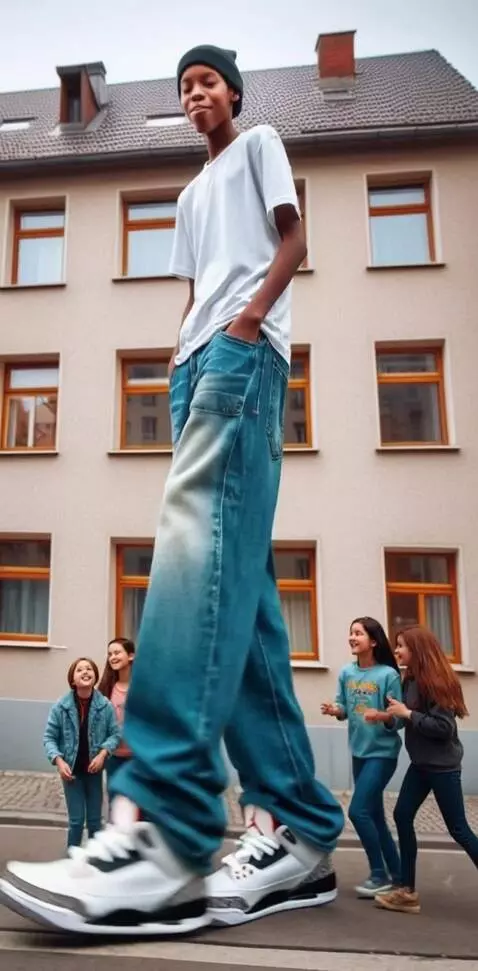 AI Video from prompt: The tallest boy slowly walking on the street wit