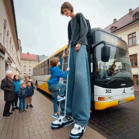 AI Video from prompt: the tallest boy comes to the building, stands up