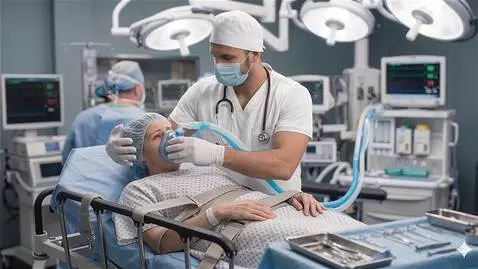AI Video from prompt: The lady takes big breaths of the anesthesia the