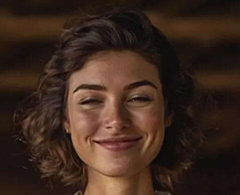 AI Video from prompt: she smiles sweetly, blinks twice, makes 'shssh' 
