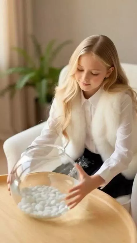 AI Video from prompt: The girl puts a transparent round aquarium with 