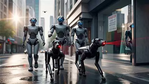 AI Video from prompt: Android police with robotic dogs patrol streets 