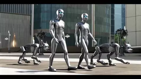 AI Video from prompt: Android police with robotic dogs patrol streets 