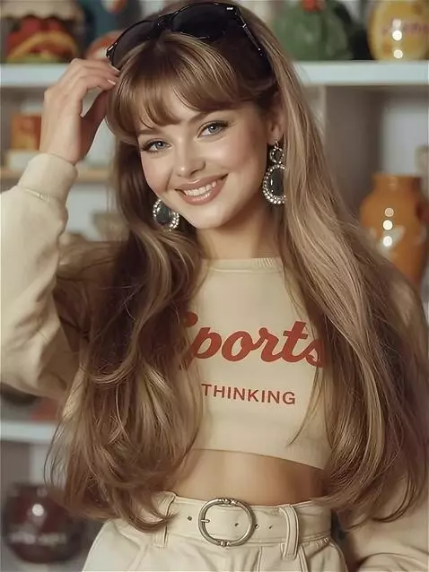 AI Video from prompt: She moves, touches her hair, smiles and sends a 