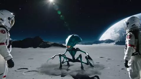AI Video from prompt: Alien unexpectedly lands on moon to greet wary N