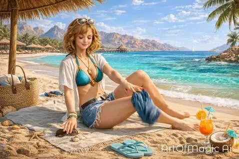 AI Video from prompt: The woman takes off her shorts and goes swimming