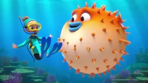AI Video from prompt: A scene from 2010s 3d cartoon. The girl is scuba