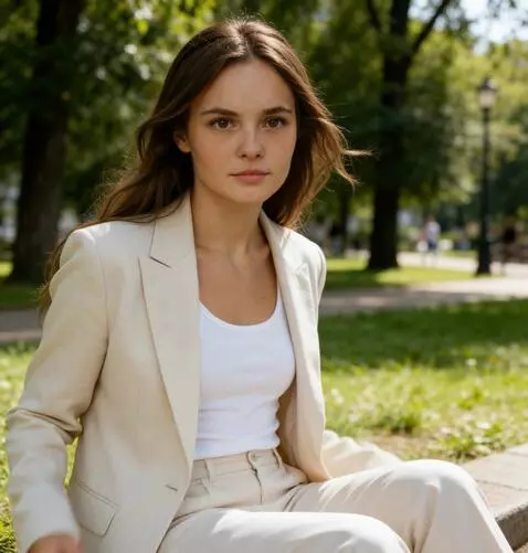 AI Video from prompt: the girl adjusts her blazer with both hands. her