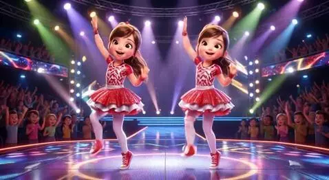 AI Video from prompt: 0-2 sec: Two twin girls with brown tails and shi