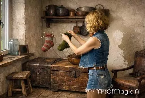AI Video from prompt: The needles move and knit socks.  The woman come