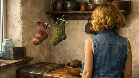 AI Video from prompt: The needles move and knit socks.  The woman come