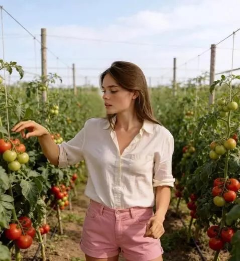 AI Video from prompt: the girl tears a red tomato off the branch and s