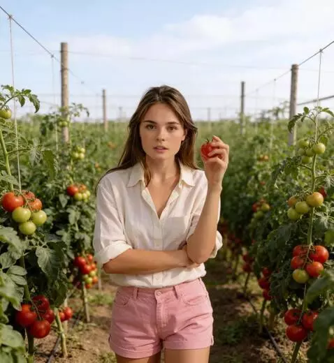 AI Video from prompt: the girl takes a red tomato from the branch and 