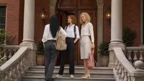 AI Video from prompt: The girls take off their backpacks and pose for 