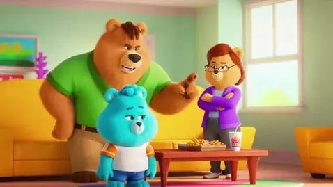 AI Video from prompt: Sky the cyan bear gets grounded for burger king 