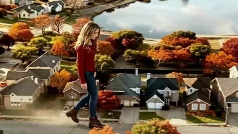 AI Video from prompt: A gigantic young woman, wearing a red shirt and 