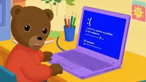 AI Video from prompt: little brown bear finds a website on her compute