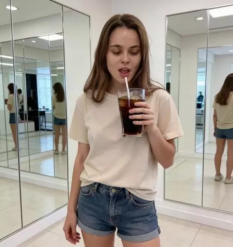AI Video from prompt: the girl takes a sip of cola through a straw. th