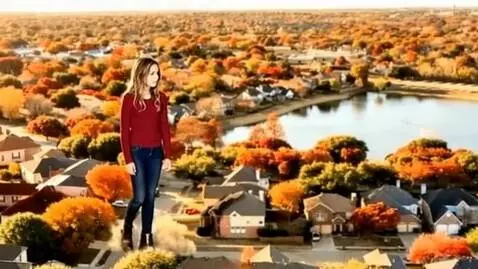 AI Video from prompt: A gigantic young woman, wearing a red shirt and 
