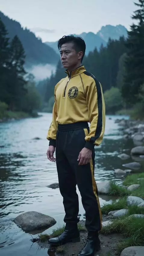 AI Video from prompt: generate how Bruce Lee looks at the water in the