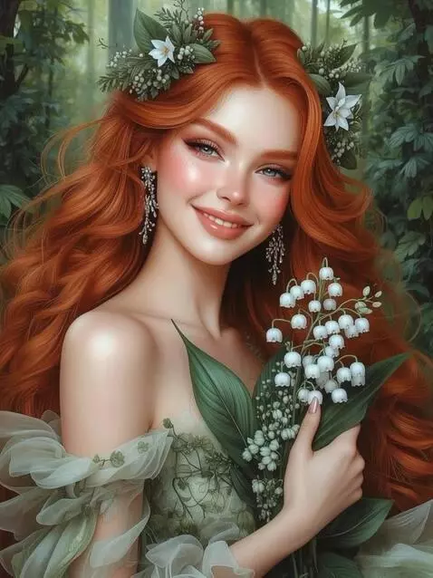AI Video from prompt: She smiles, tilts her head towards the lilies of