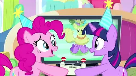 AI Video from prompt: Pinkie Pie and Twilight Sparkle with a joystick 
