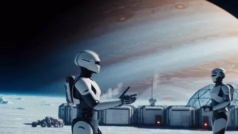 AI Video from prompt: AI androids explore Europa. They have set up a b