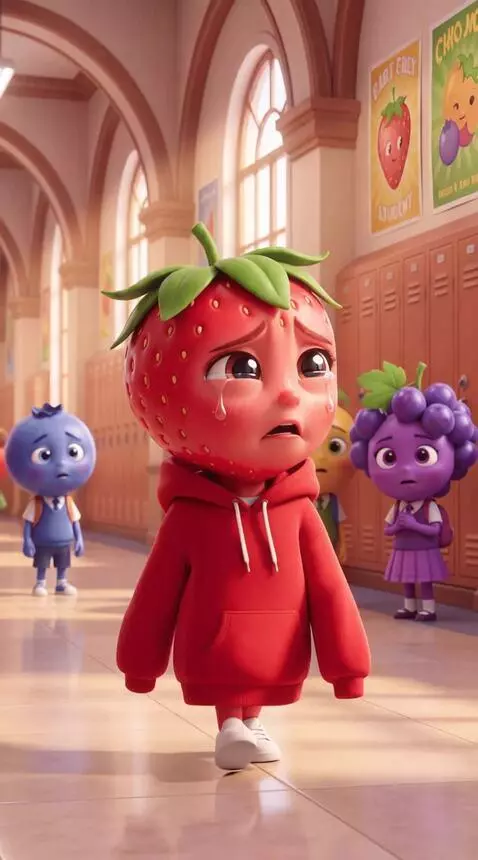 AI Video from prompt: the strawberry is going and crying