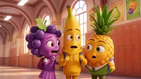 AI Video from prompt: SHOT: school hallway, fruits whispering, dramati