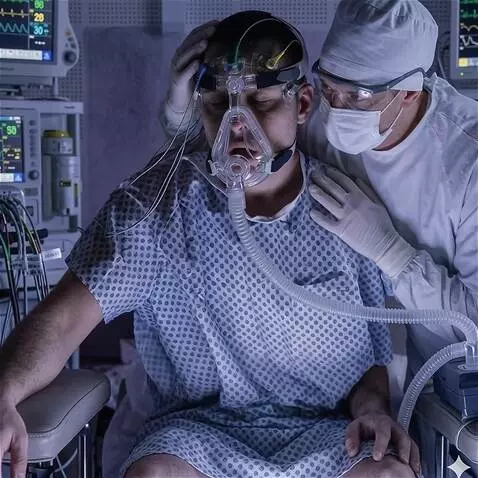 AI Video from prompt: The patient takes very deep breaths into the bre