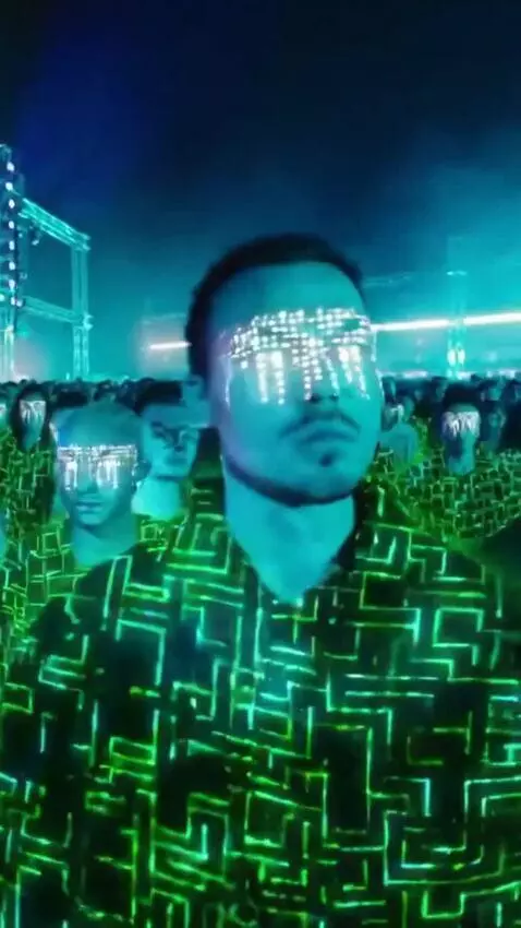 AI Video from prompt: Futuristic drum and bass festival at night, larg