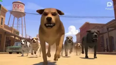 AI Video from prompt: Plotagon animation. Feral Dogs invasion in the t