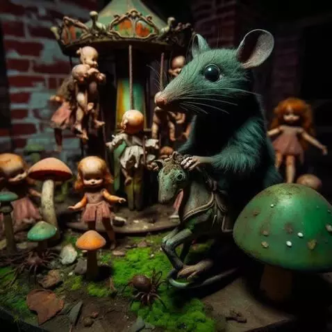 AI Video from prompt: The rat watches as the dolls walk slowly around.