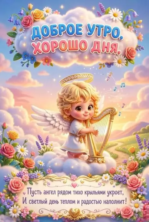 AI Video from prompt: The Angel moves, smiles and plays the harp