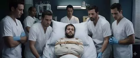 AI Video from prompt: The doctors secure the patient to the bed then w