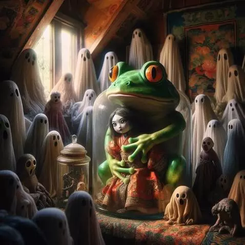 AI Video from prompt: The ghosts slowly move toward the frog. The asia