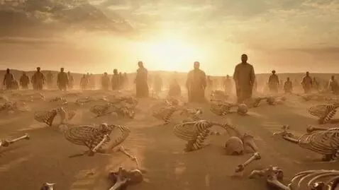 AI Video from prompt: Dozens of skeletons forming simultaneously acros