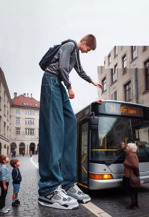 AI Video from prompt: The tallest boy slowly gets on the bus, but sinc