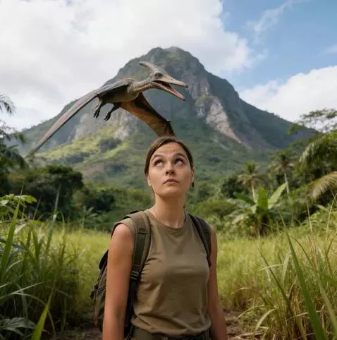 AI Video from prompt: the pterodactyl opens its mouth and flies right 