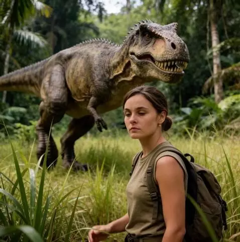 AI Video from prompt: the dinosaur approaches the girl closely. the gi