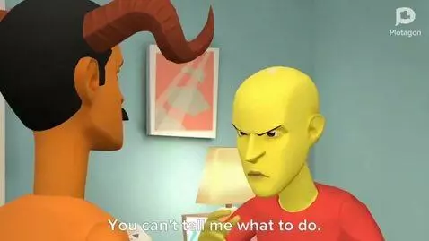 AI Video from prompt: Plotagon animation. Horns and orange mustard man