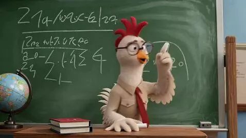 AI Video from prompt: A serious chicken wearing glasses teaching math 